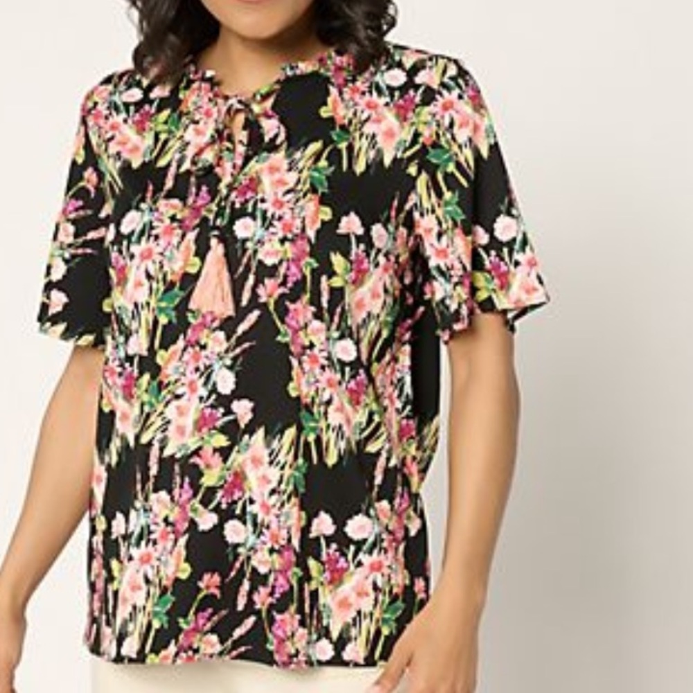 Denim & Co Printed Short Sleeve Blouse with tassels